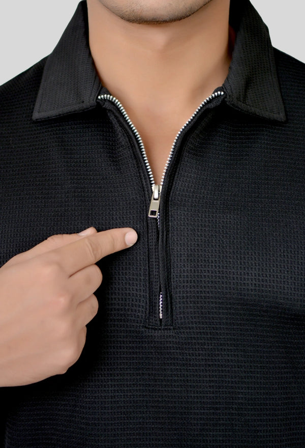 Jet Black Waffle Zip Polo