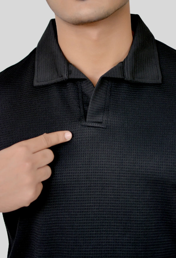 Jet Black Waffle-V neck